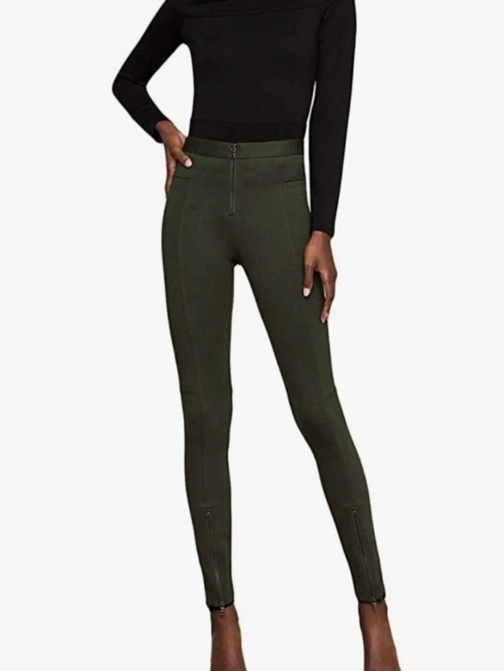 BCBGMaxAzria Deep Olive High-Rise Ponte Leggings with Ankle Zippers Moto Large